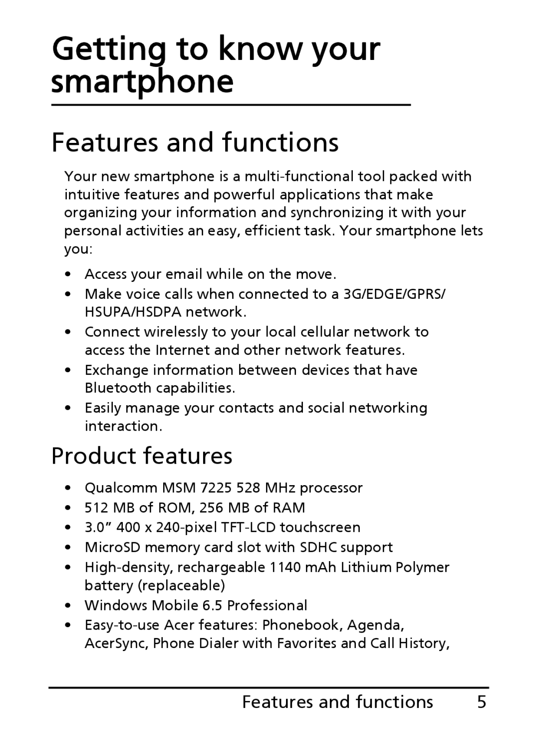 Acer E200 manual Getting to know your smartphone, Features and functions, Product features 