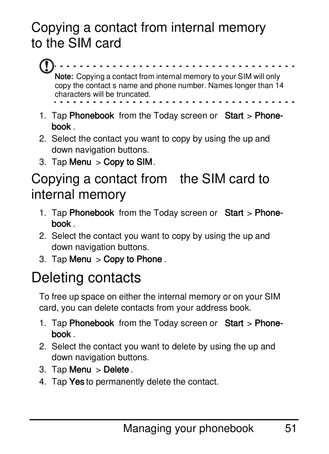 Acer E200 manual Deleting contacts, Copying a contact from internal memory to the SIM card, Managing your phonebook 