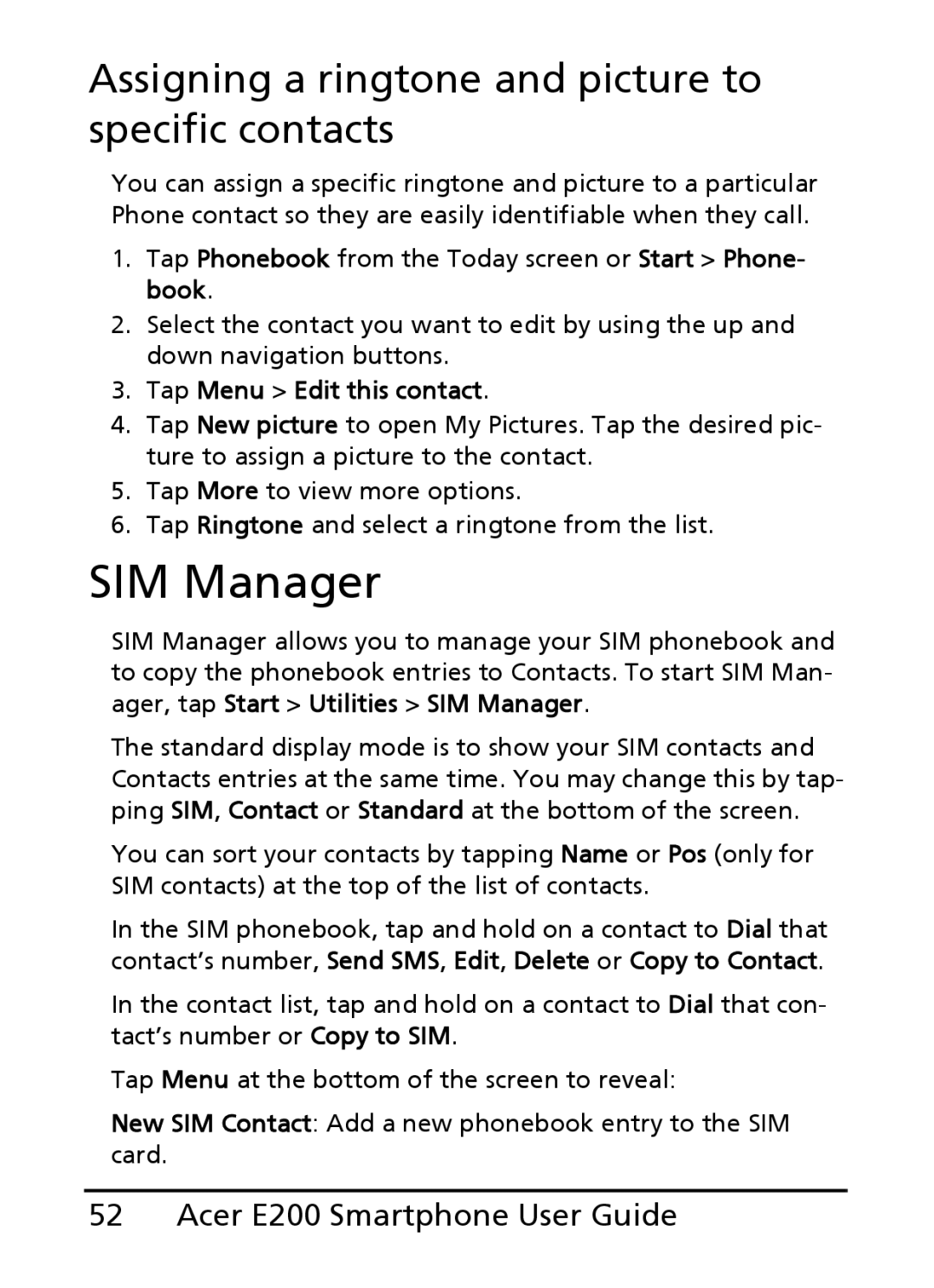 Acer E200 manual SIM Manager, Assigning a ringtone and picture to specific contacts 