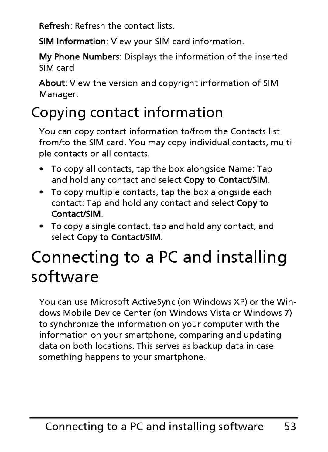 Acer E200 manual Connecting to a PC and installing software, Copying contact information 