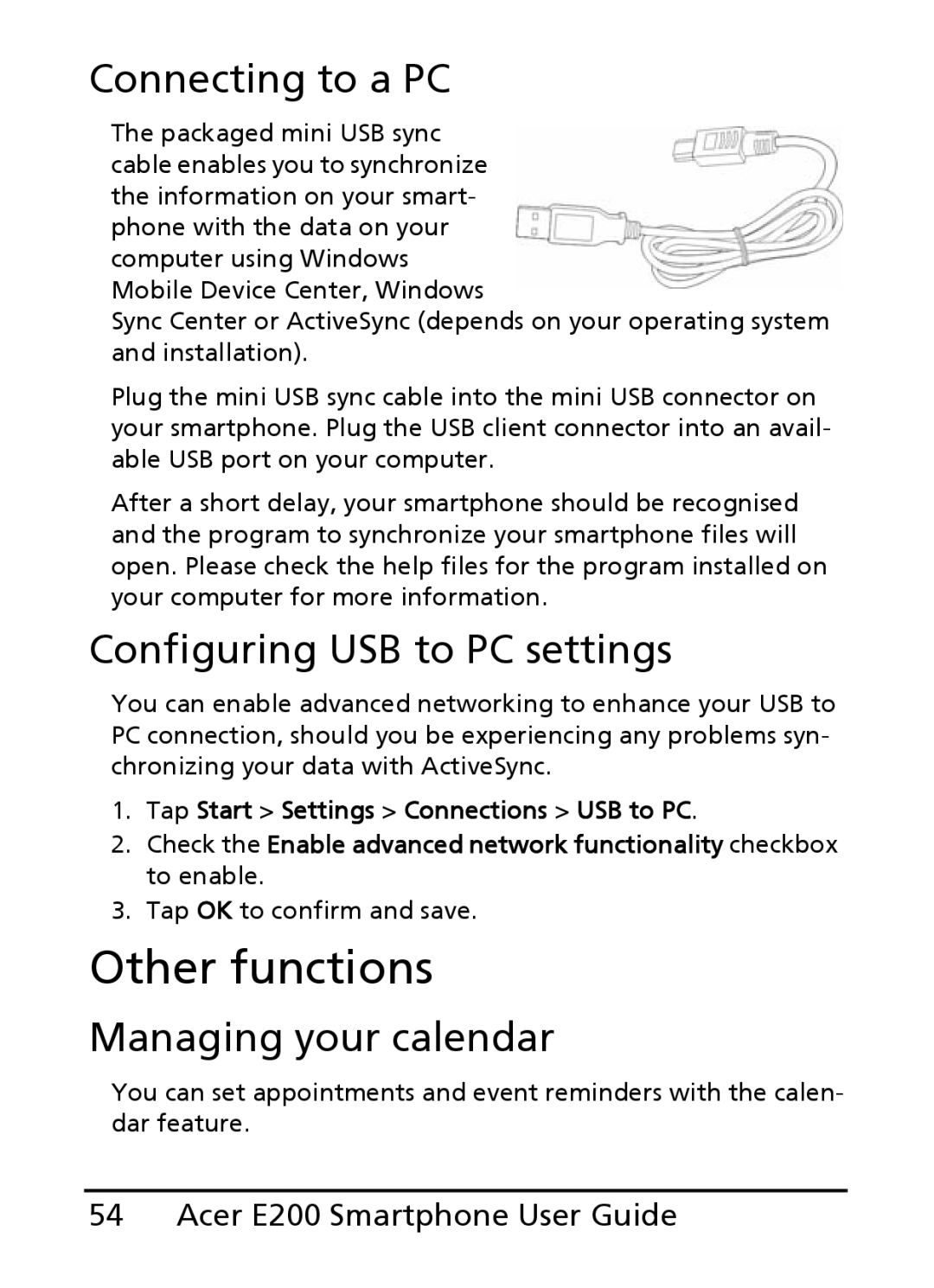 Acer E200 manual Other functions, Connecting to a PC, Configuring USB to PC settings, Managing your calendar 