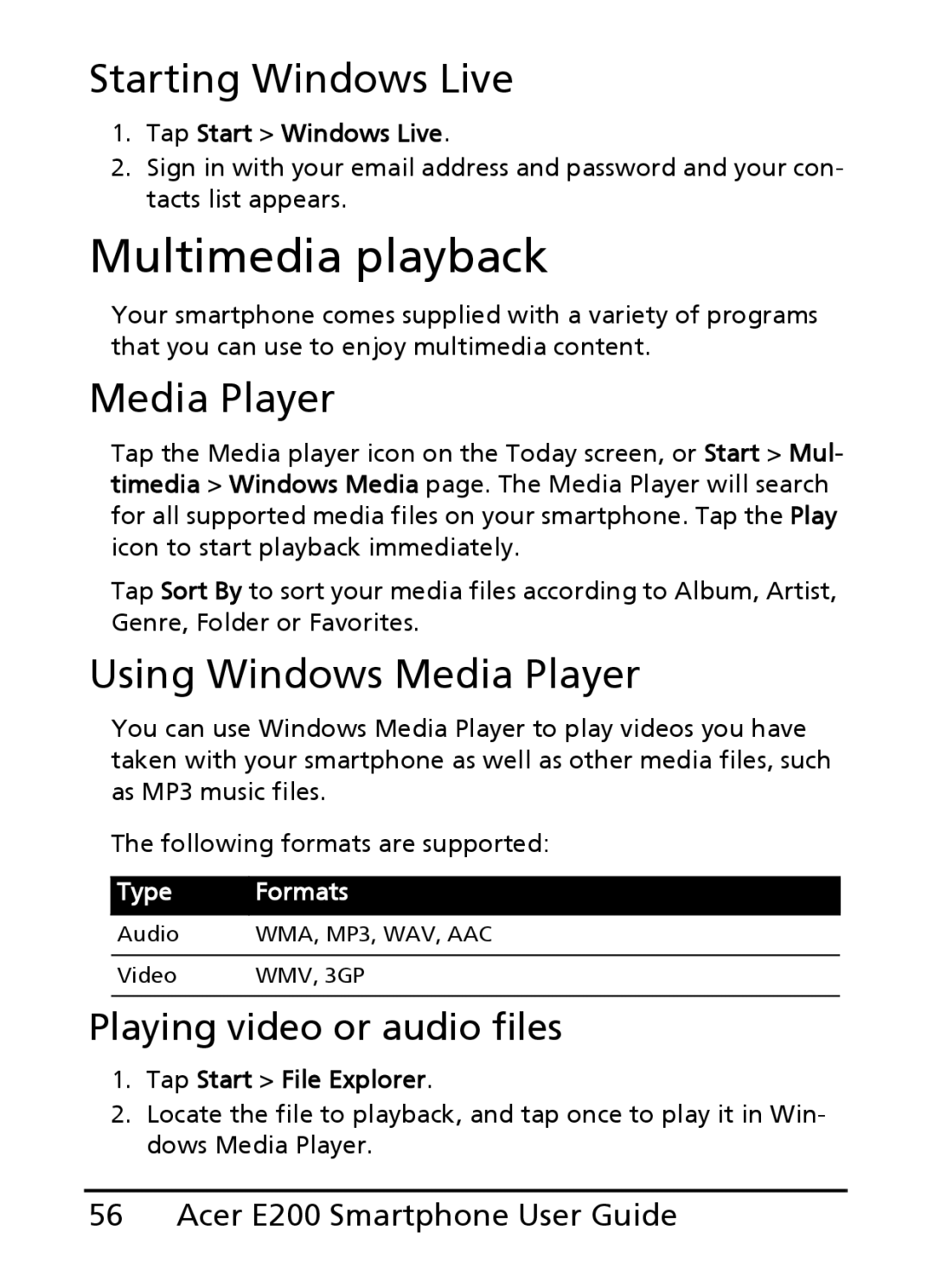 Acer E200 manual Multimedia playback, Starting Windows Live, Using Windows Media Player, Playing video or audio files 