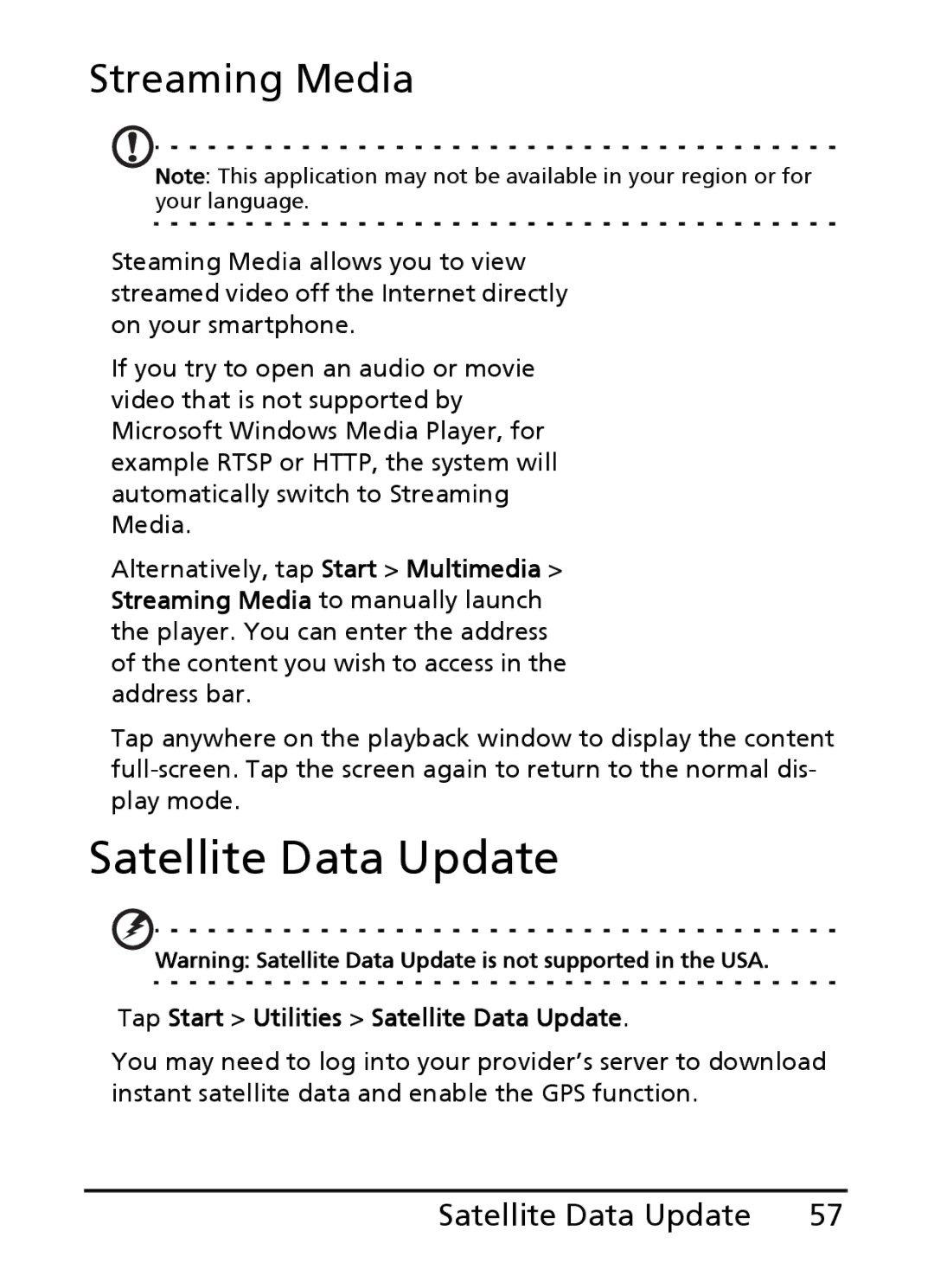 Acer E200 manual Streaming Media, Tap Start Utilities Satellite Data Update 