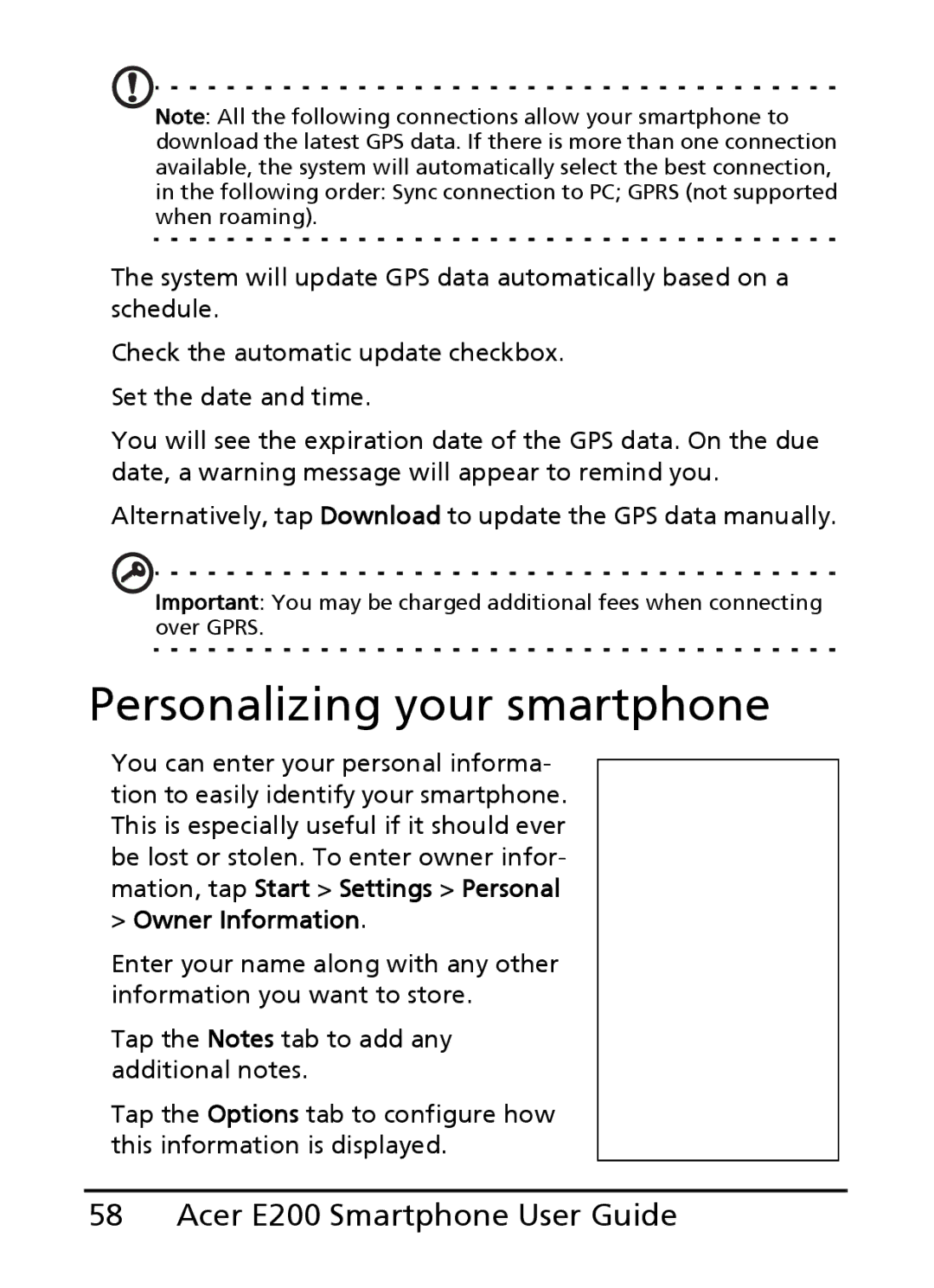 Acer E200 manual Personalizing your smartphone, Owner Information 