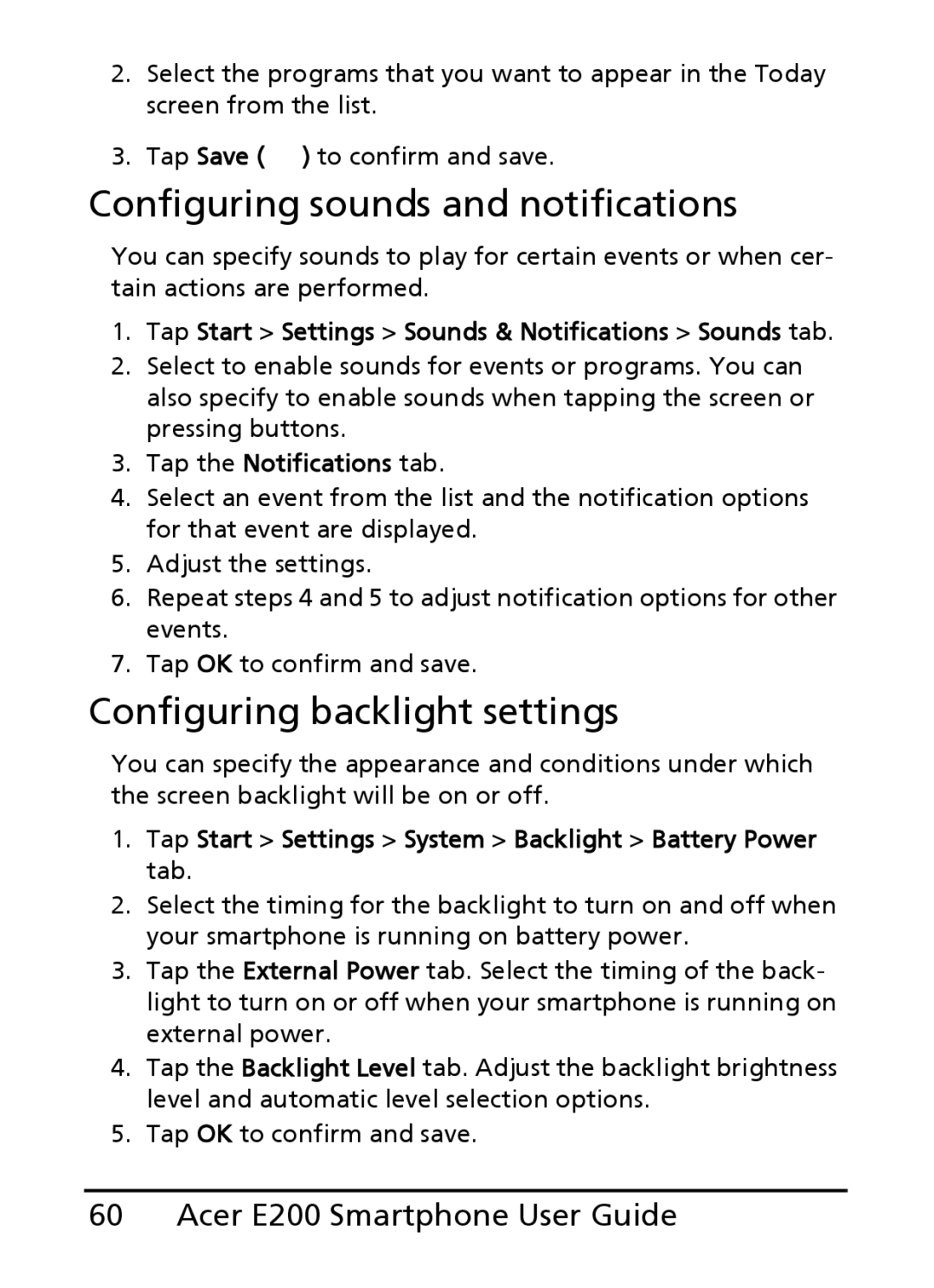 Acer E200 manual Configuring sounds and notifications, Configuring backlight settings, Tap the Notifications tab 