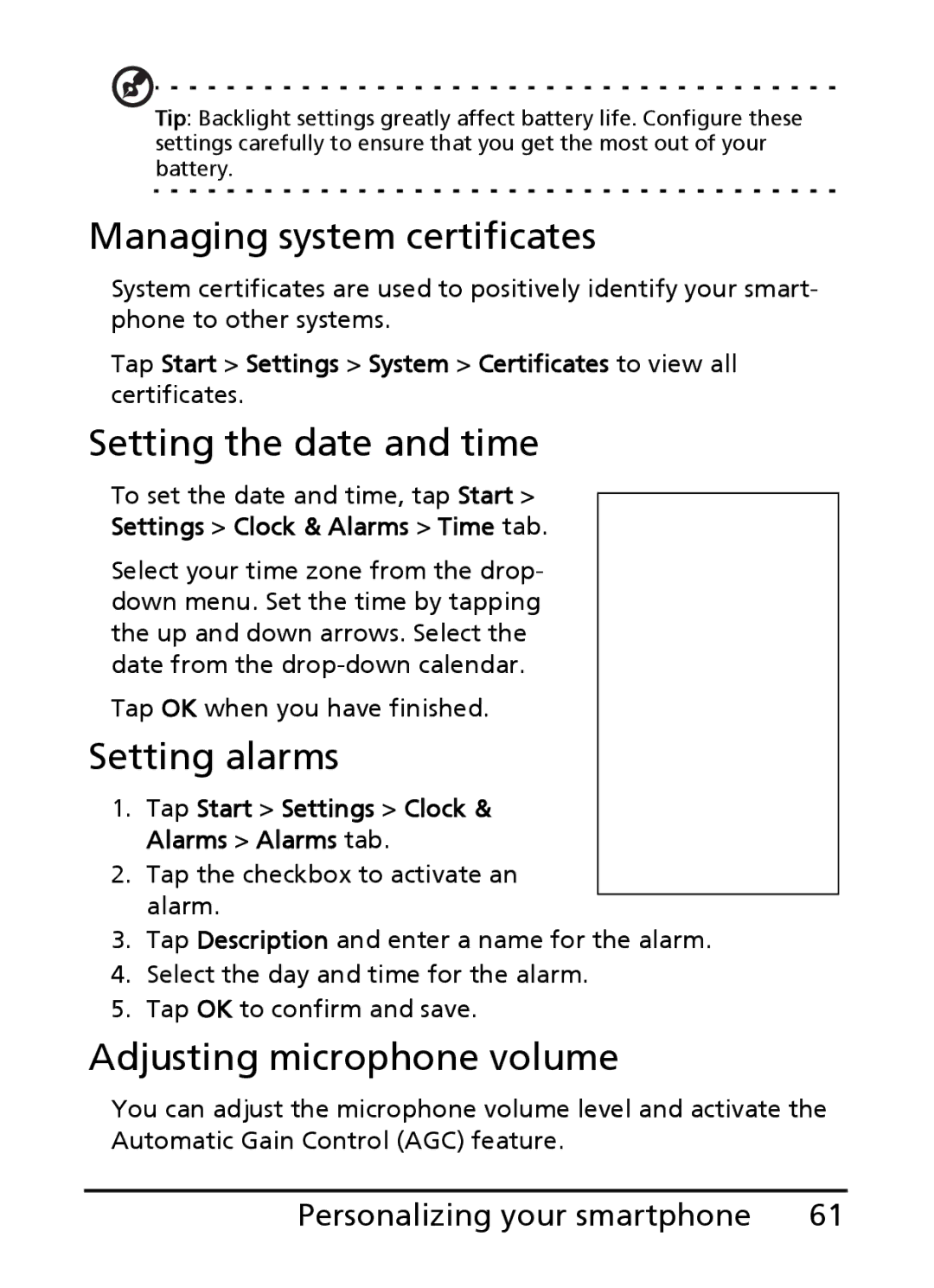 Acer E200 manual Managing system certificates, Setting the date and time, Setting alarms, Adjusting microphone volume 