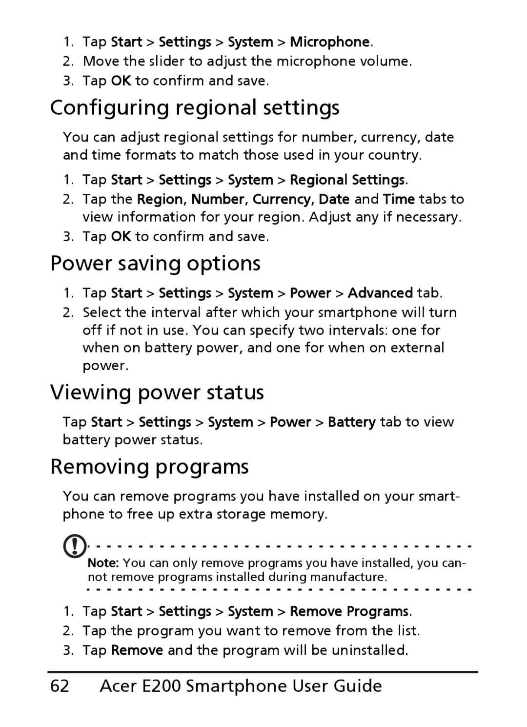 Acer E200 manual Configuring regional settings, Power saving options, Viewing power status, Removing programs 