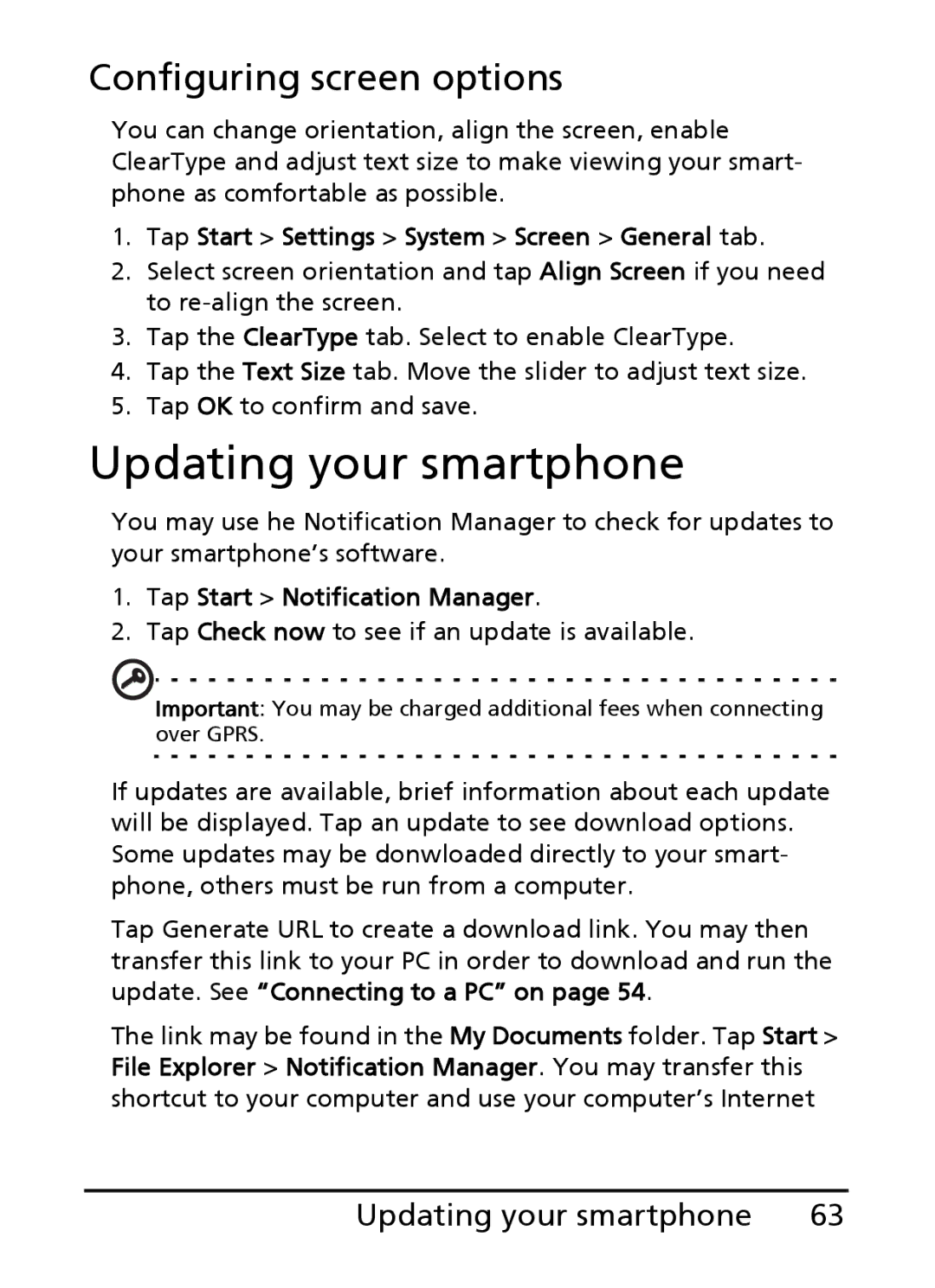 Acer E200 manual Updating your smartphone, Configuring screen options, Tap Start Settings System Screen General tab 