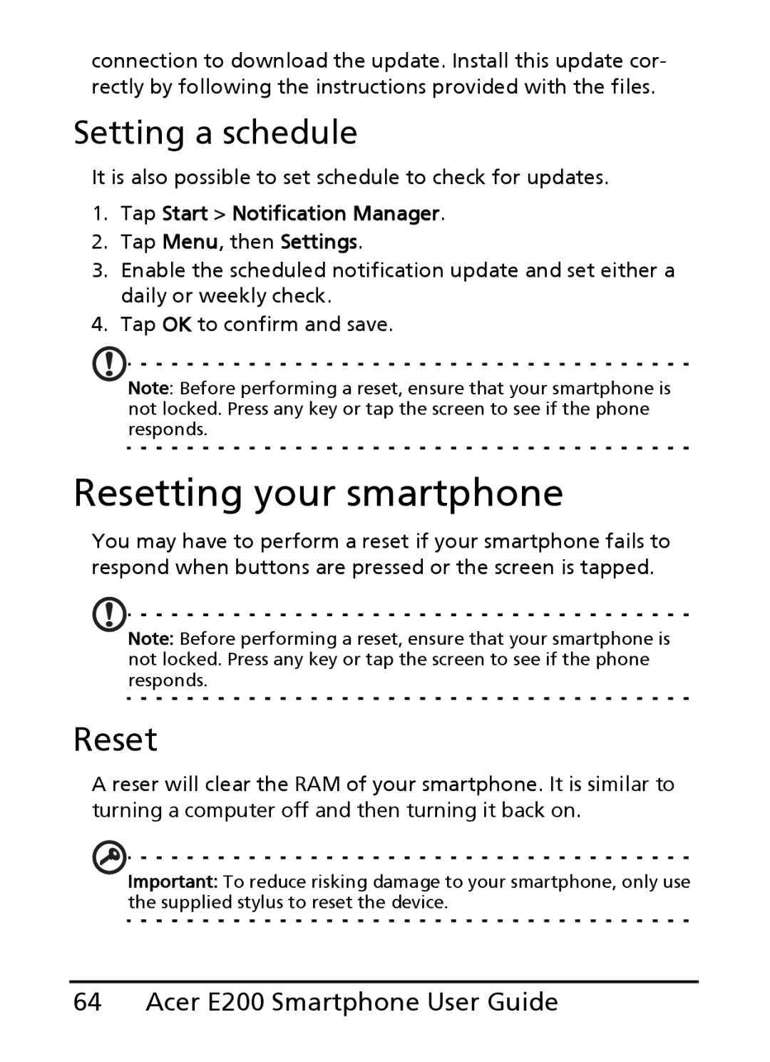 Acer E200 manual Resetting your smartphone, Setting a schedule 