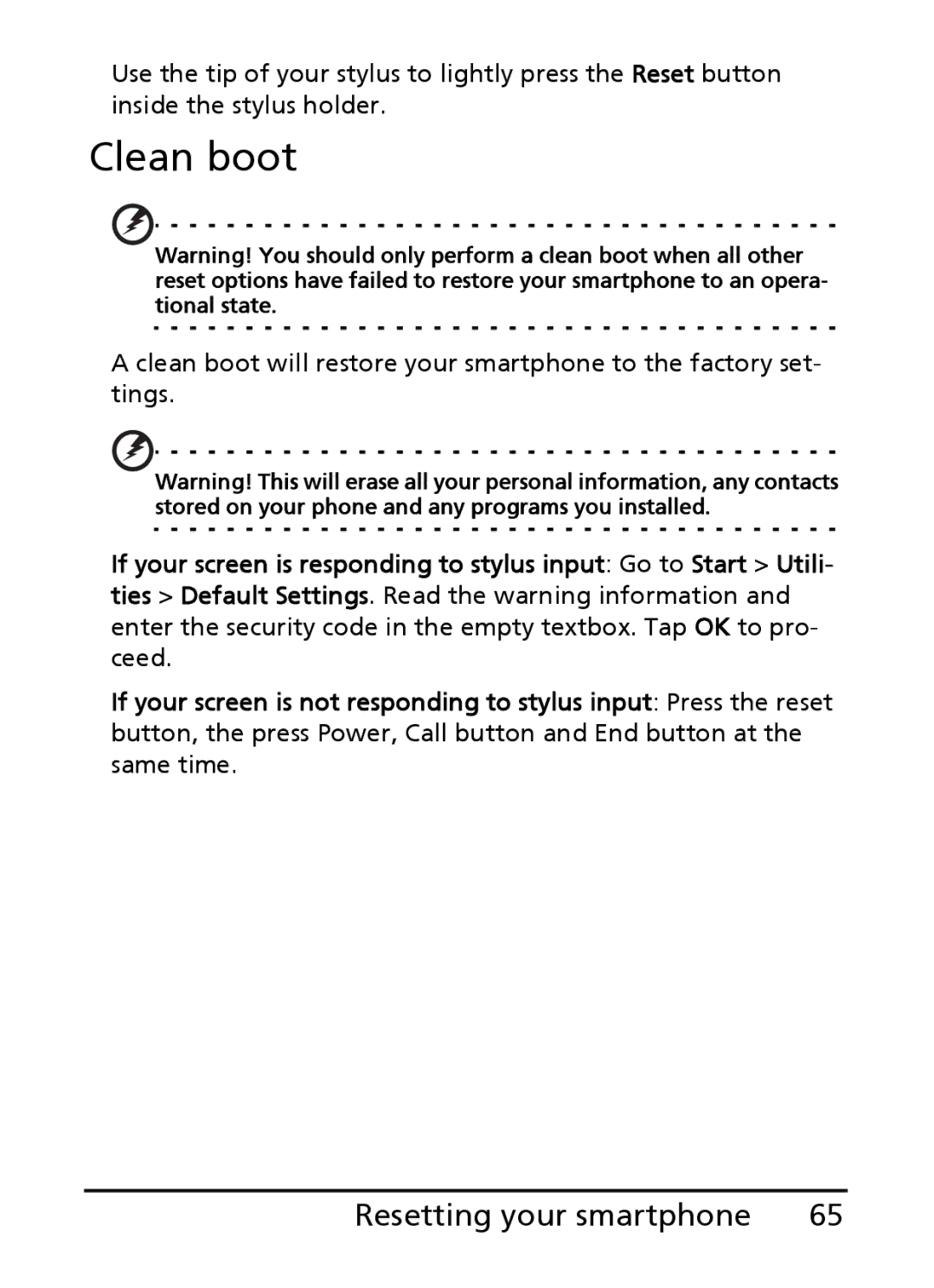 Acer E200 manual Clean boot, Resetting your smartphone 