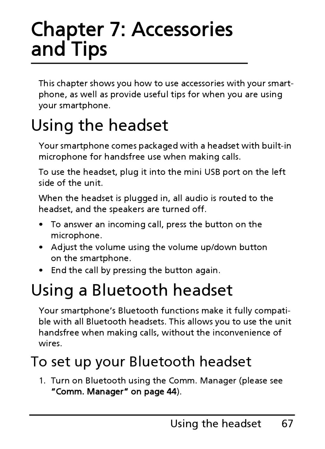 Acer E200 manual Accessories and Tips, Using the headset, Using a Bluetooth headset, To set up your Bluetooth headset 