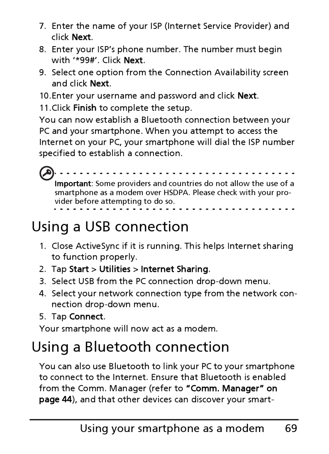 Acer E200 manual Using a USB connection, Using a Bluetooth connection, Using your smartphone as a modem, Tap Connect 