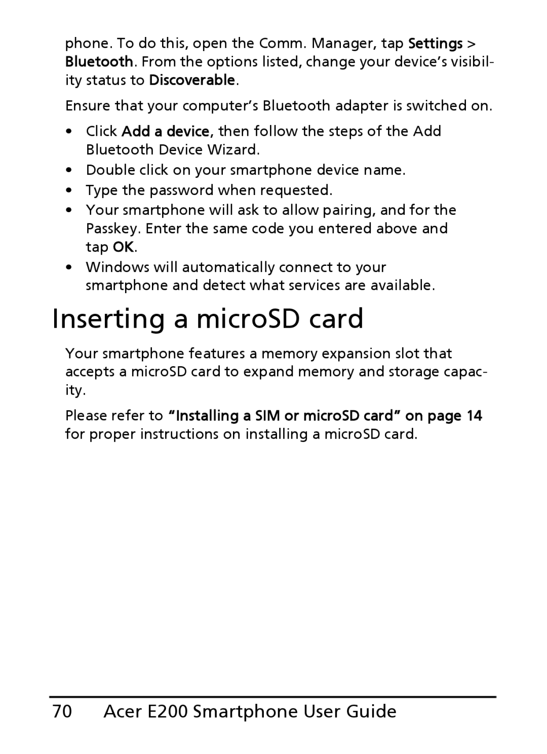 Acer E200 manual Inserting a microSD card 