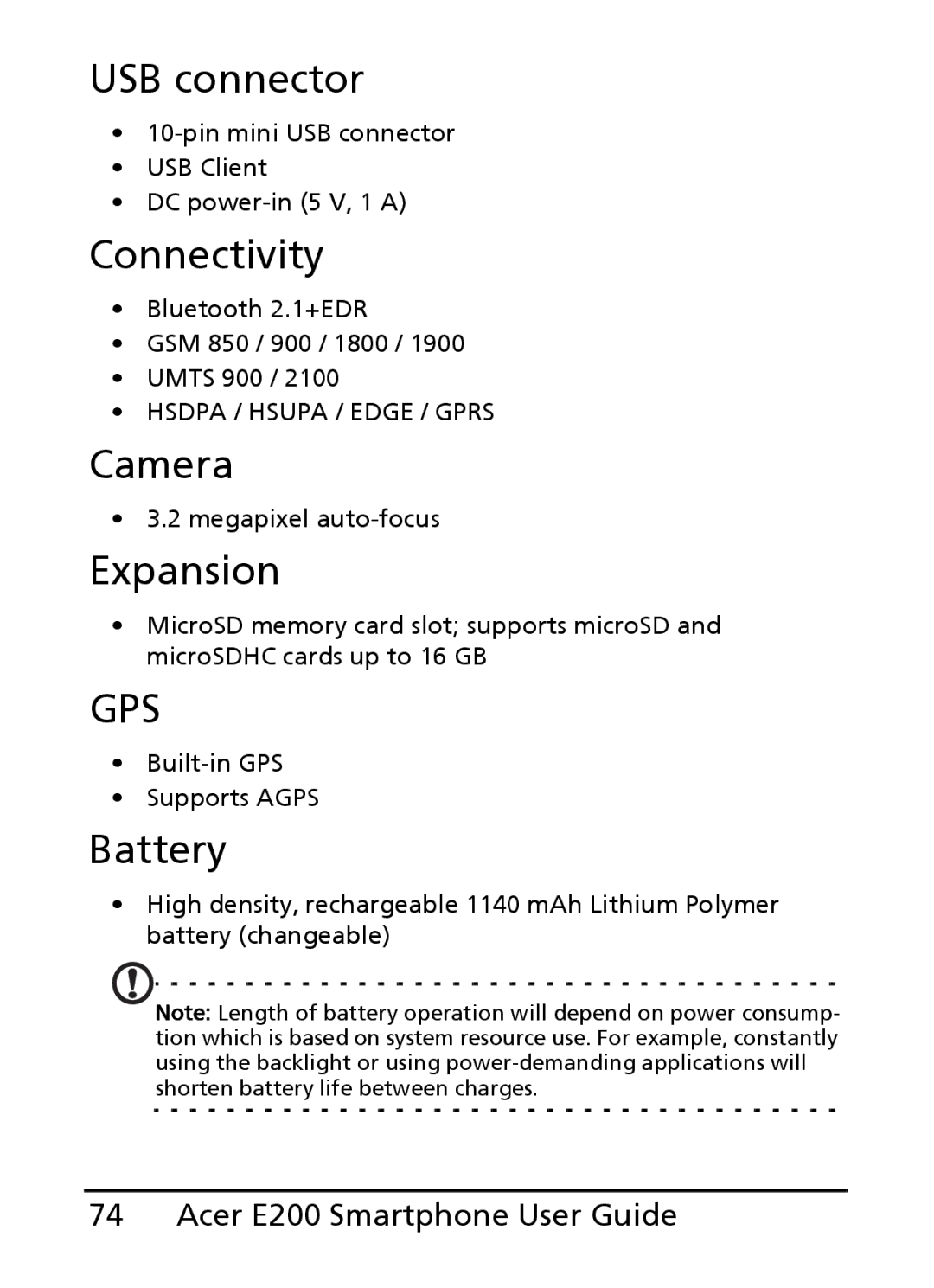 Acer E200 manual USB connector, Connectivity, Camera, Expansion, Battery 