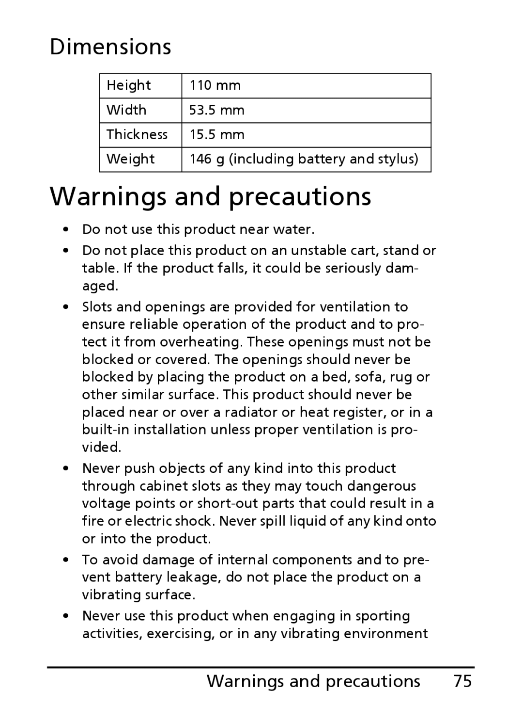 Acer E200 manual Dimensions 