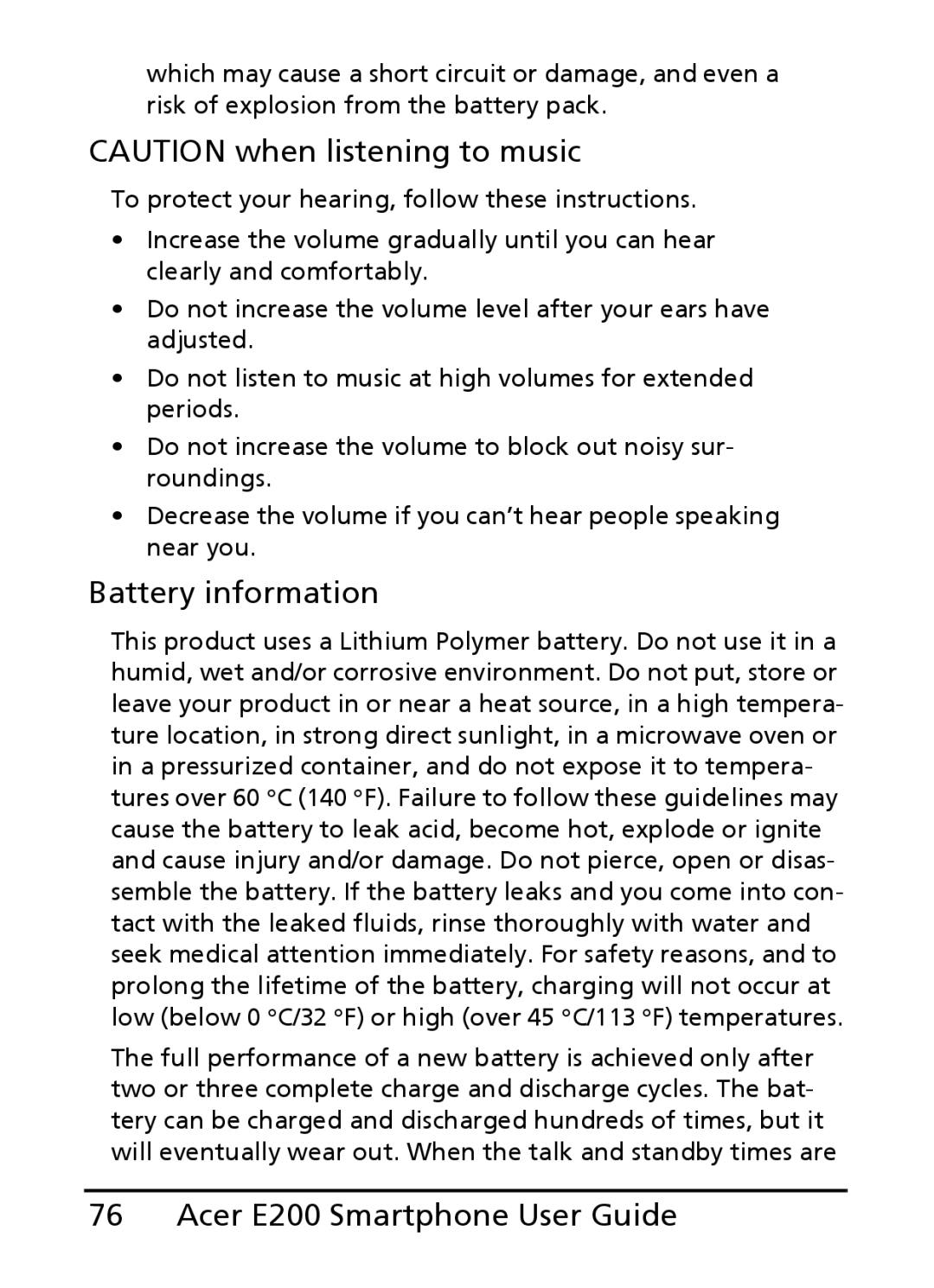 Acer E200 manual Battery information 