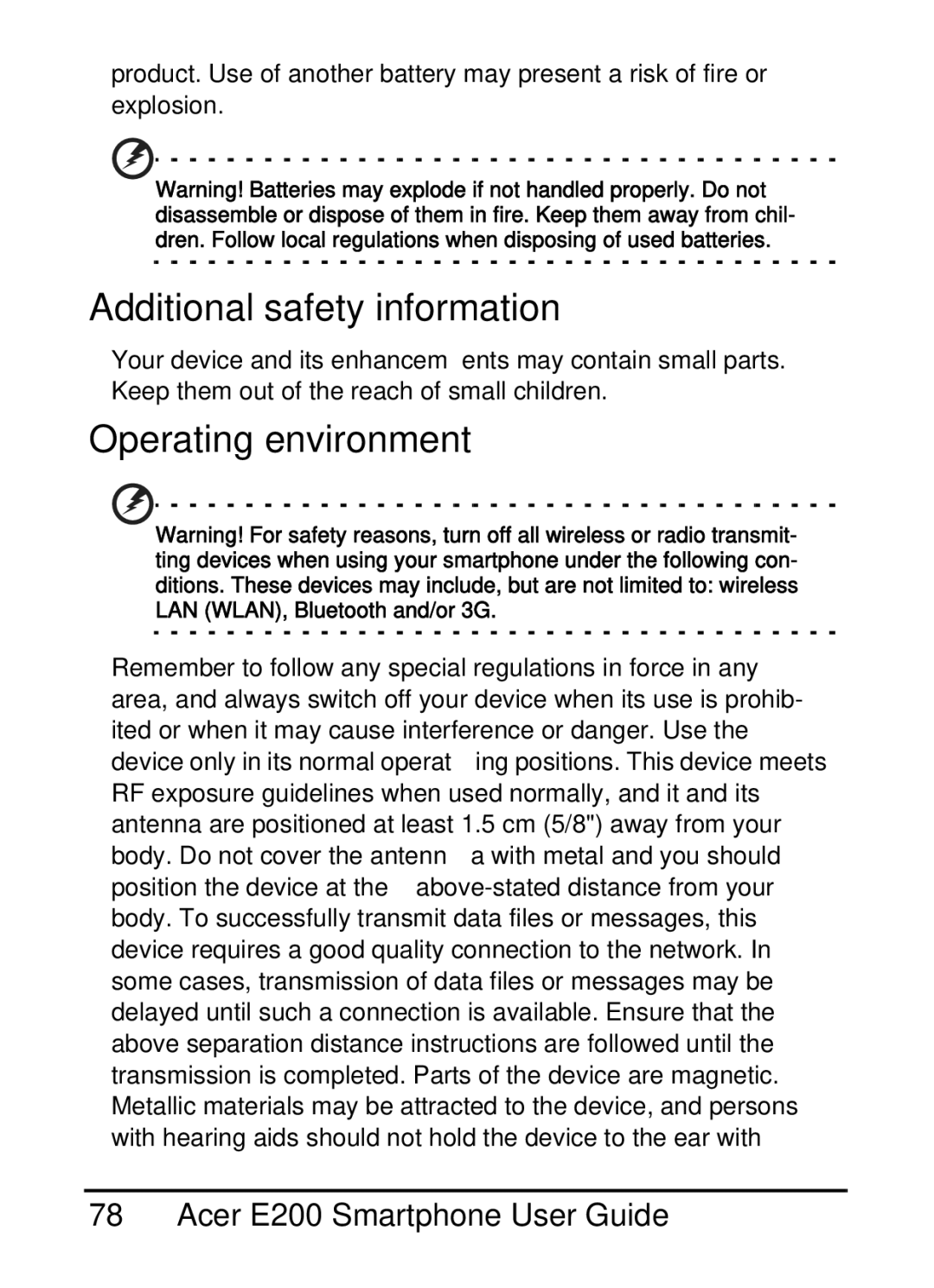 Acer E200 manual Additional safety information, Operating environment 