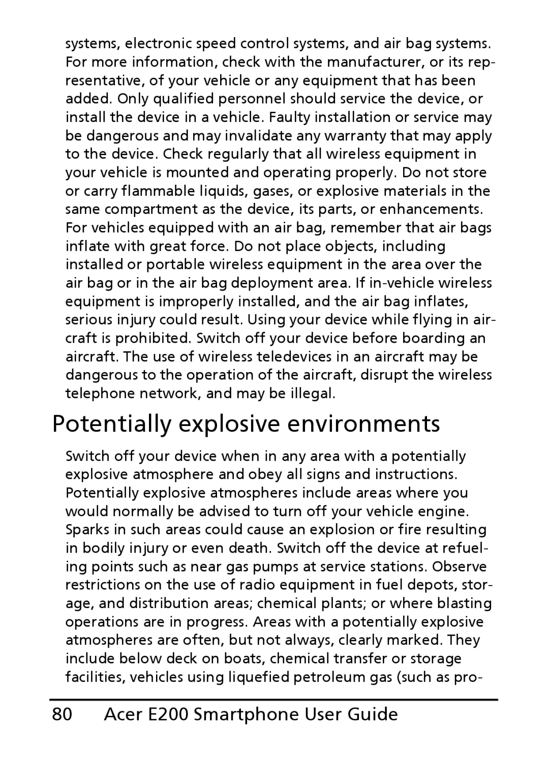 Acer E200 manual Potentially explosive environments 