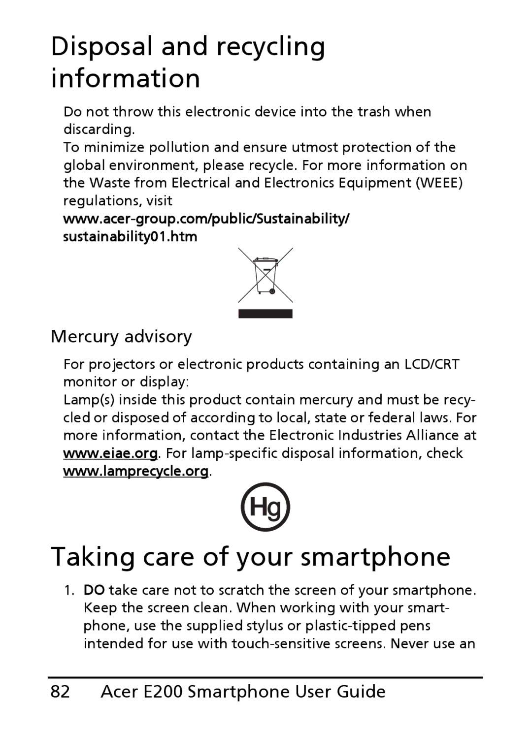 Acer E200 manual Disposal and recycling information, Taking care of your smartphone, Mercury advisory 