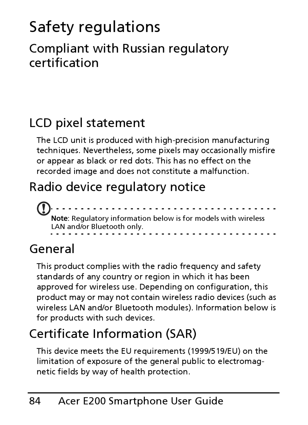 Acer E200 manual Safety regulations, Radio device regulatory notice General, Certificate Information SAR 