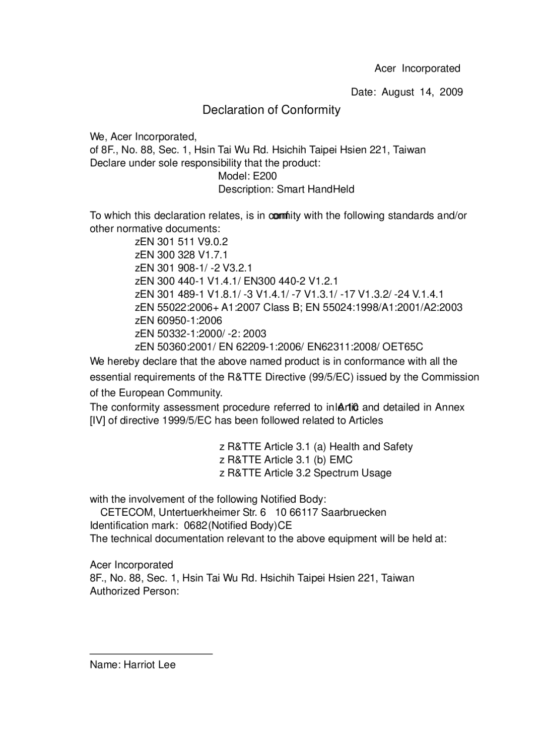 Acer E200 manual Declaration of Conformity 