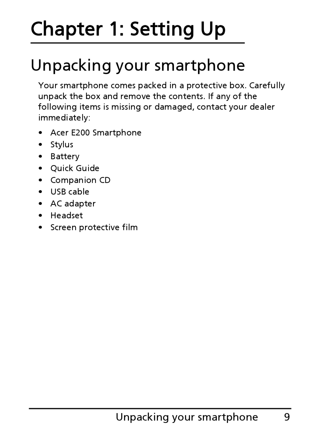 Acer E200 manual Setting Up, Unpacking your smartphone 