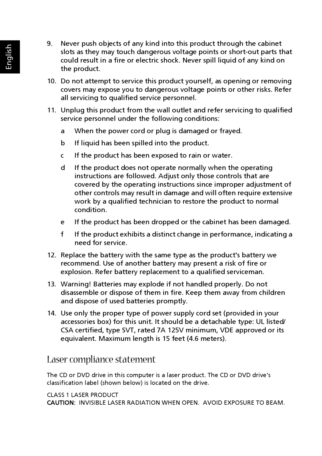 Acer E500 manual Laser compliance statement 