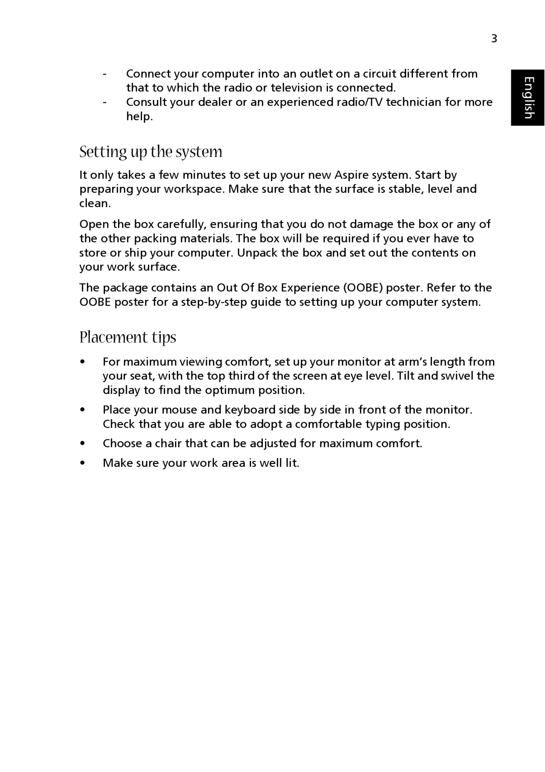 Acer E500 manual Setting up the system, Placement tips 