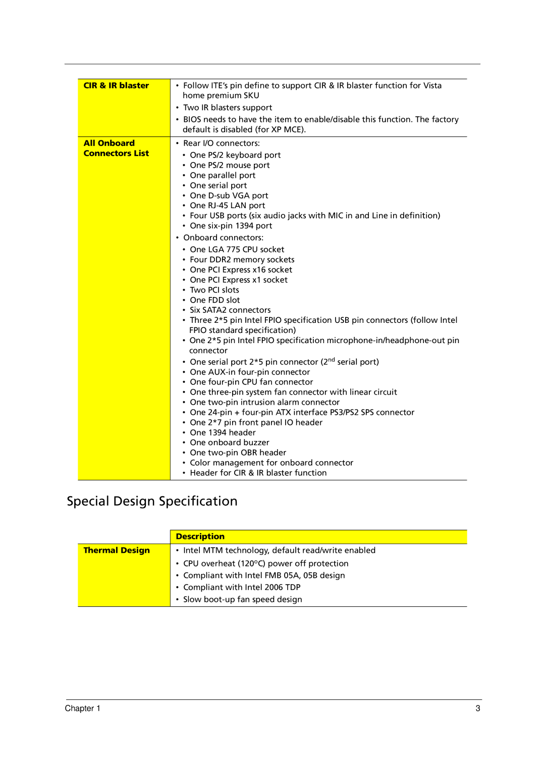 Acer E700 manual Special Design Specification, CIR & IR blaster 