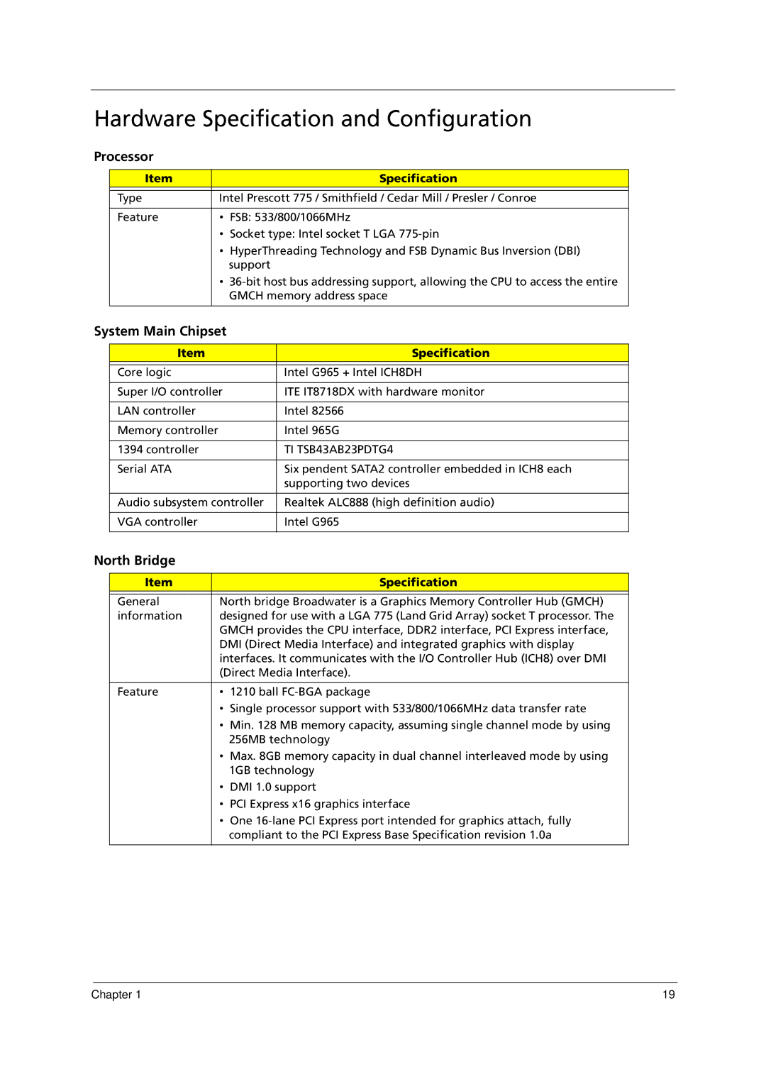 Acer E700 manual Hardware Specification and Configuration, Processor, System Main Chipset, North Bridge 