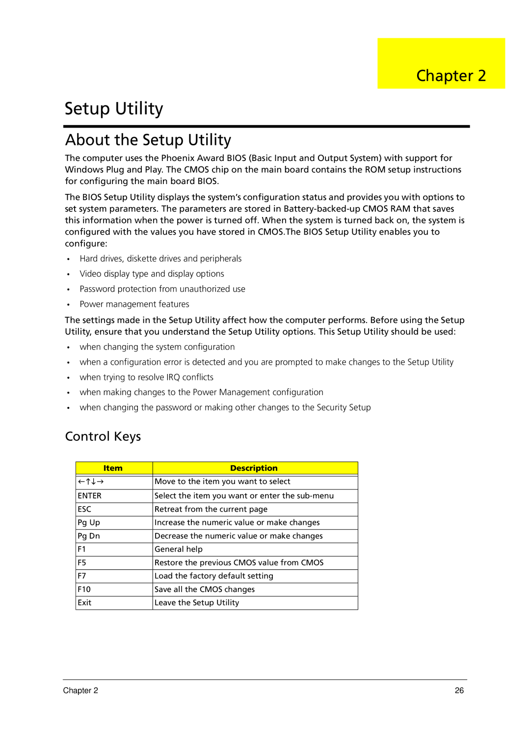 Acer E700 manual About the Setup Utility, Control Keys 