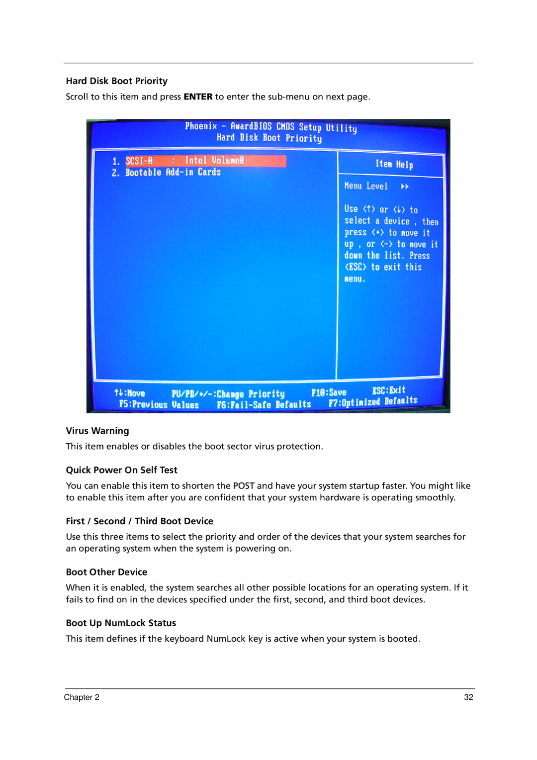 Acer E700 manual Hard Disk Boot Priority, Virus Warning, Quick Power On Self Test, First / Second / Third Boot Device 