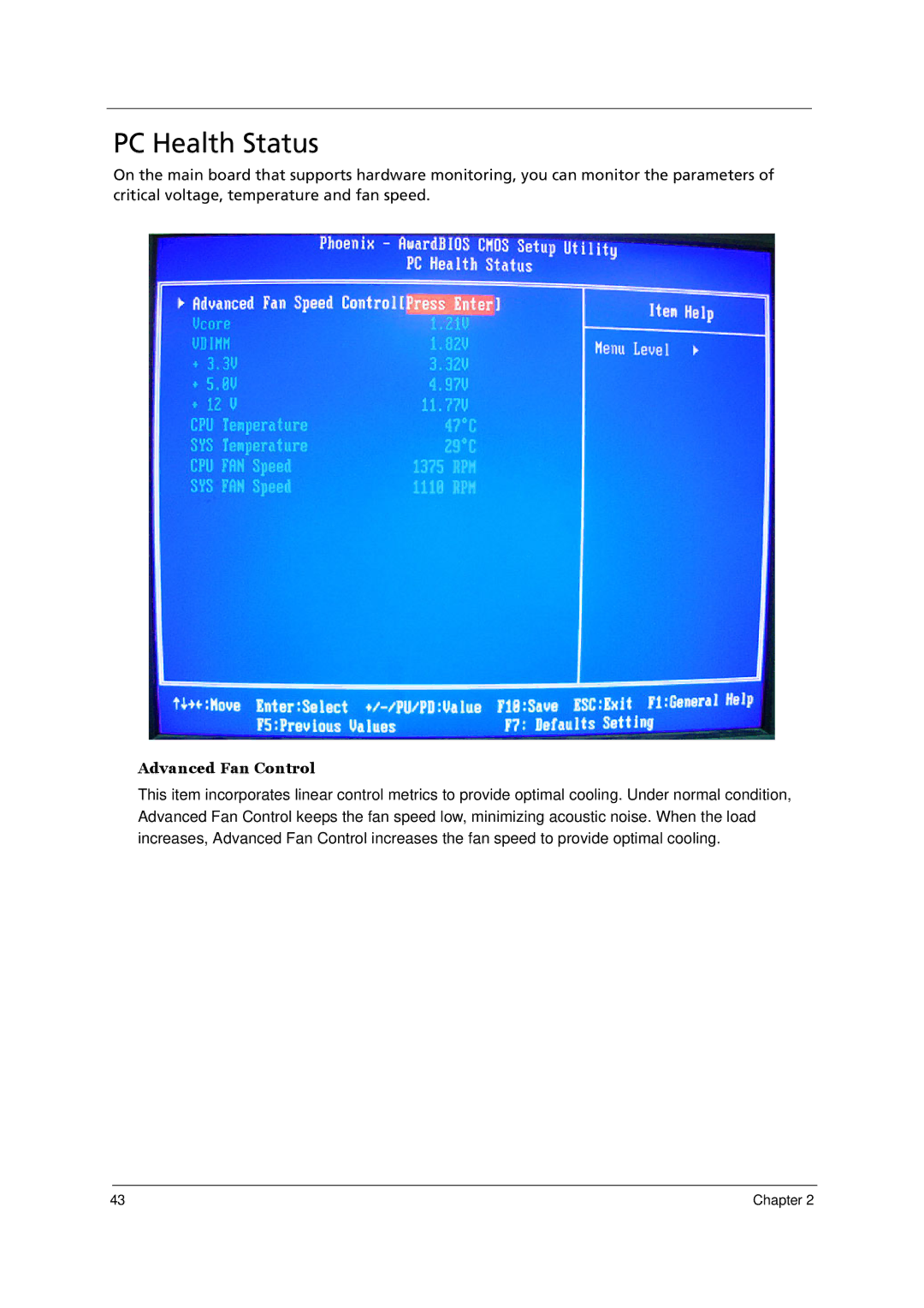 Acer E700 manual PC Health Status, Advanced Fan Control 