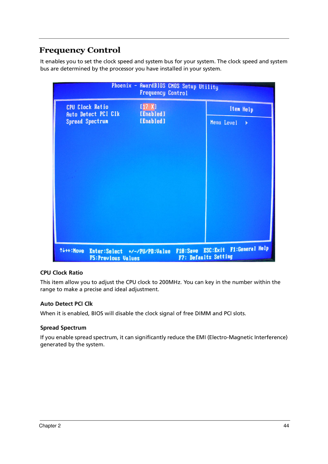 Acer E700 manual CPU Clock Ratio, Auto Detect PCI Clk, Spread Spectrum 