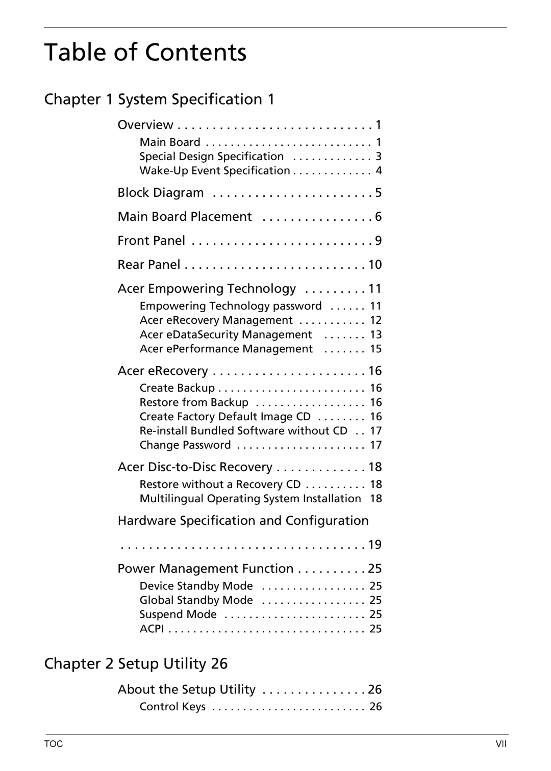 Acer E700 manual Table of Contents 