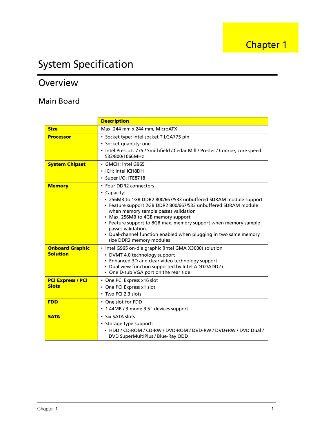 Acer E700 manual Chapter, Overview, Main Board 