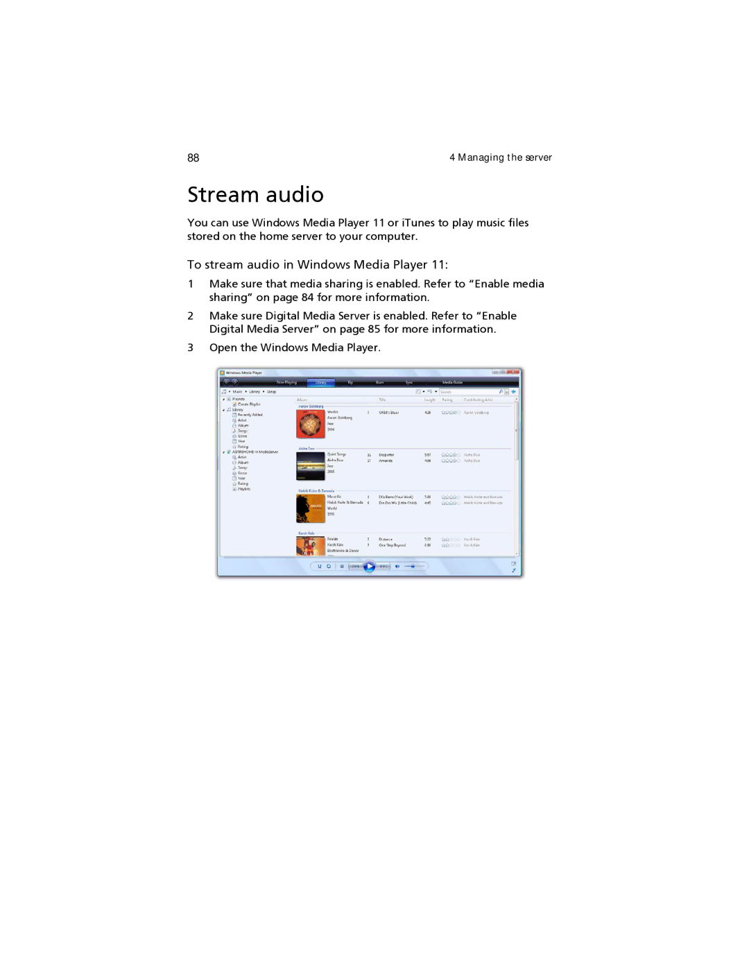 Acer easyStore H340 manual Stream audio, To stream audio in Windows Media Player 
