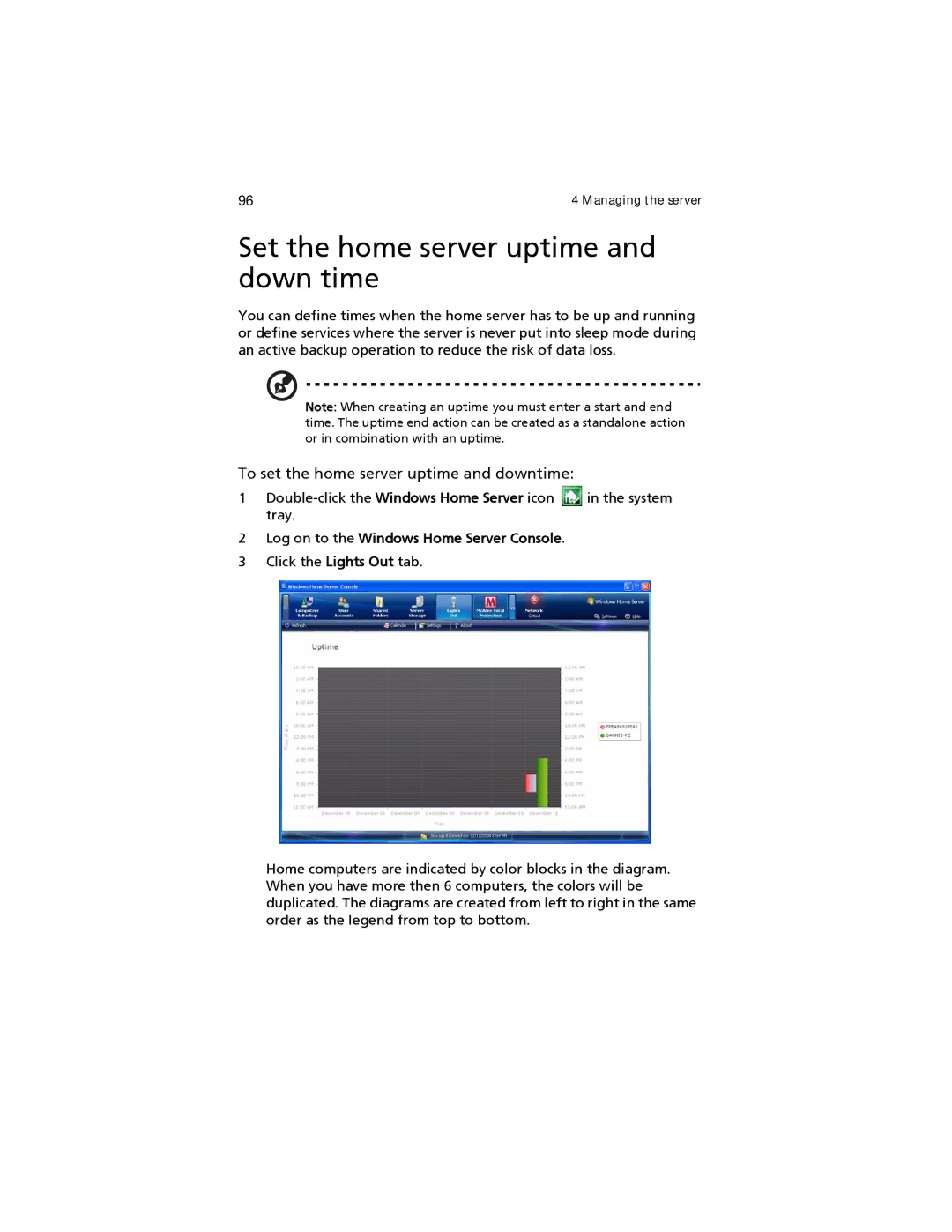 Acer easyStore H340 manual Set the home server uptime and down time, To set the home server uptime and downtime 