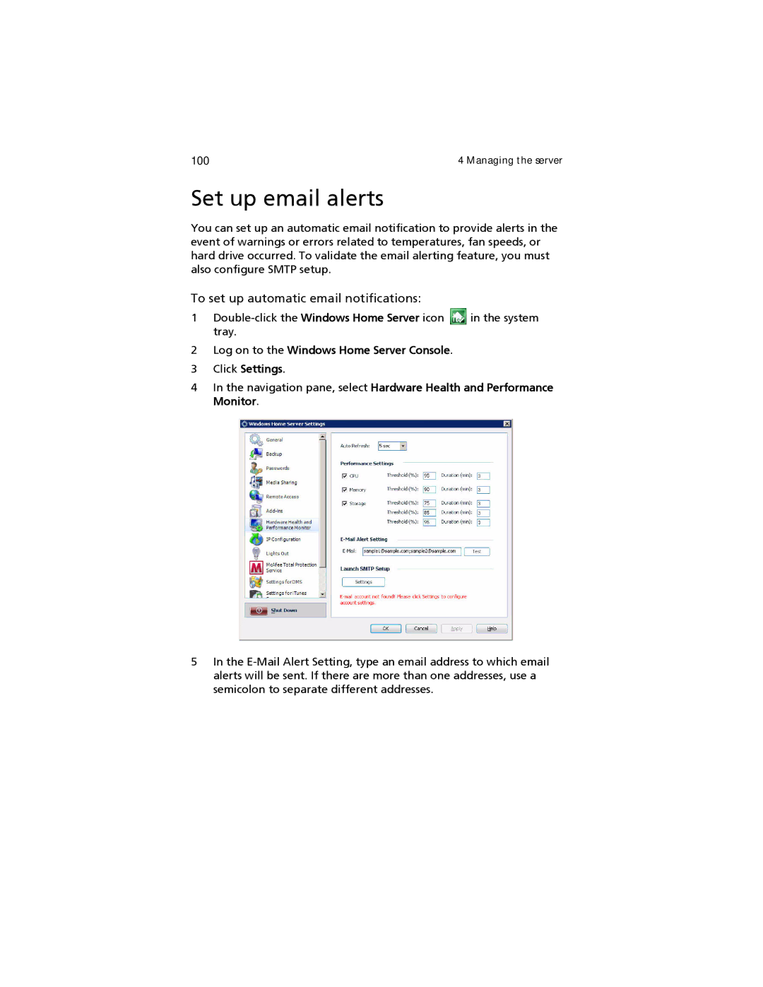 Acer easyStore H340 manual Set up email alerts, To set up automatic email notifications 