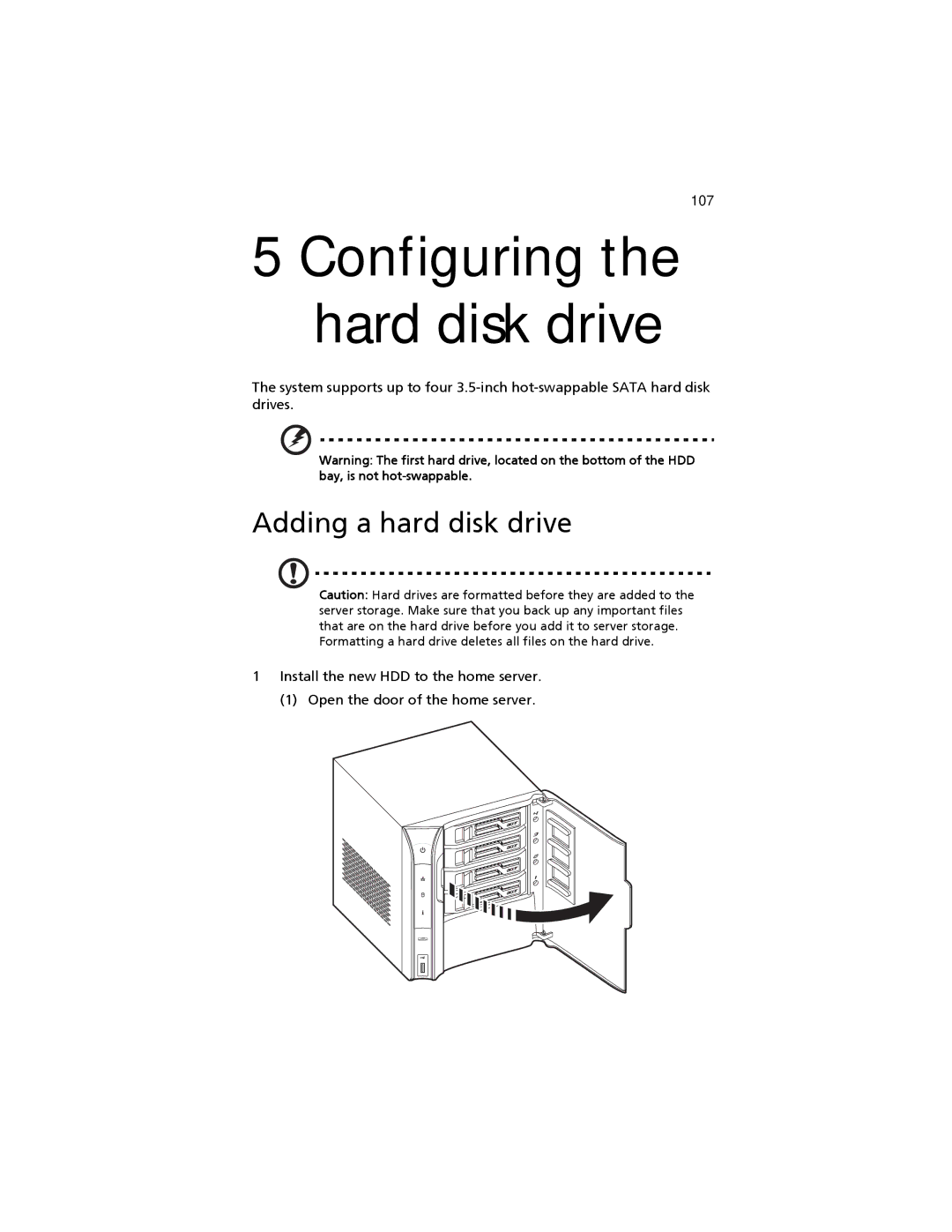 Acer easyStore H340 manual Configuring the hard disk drive, Adding a hard disk drive 