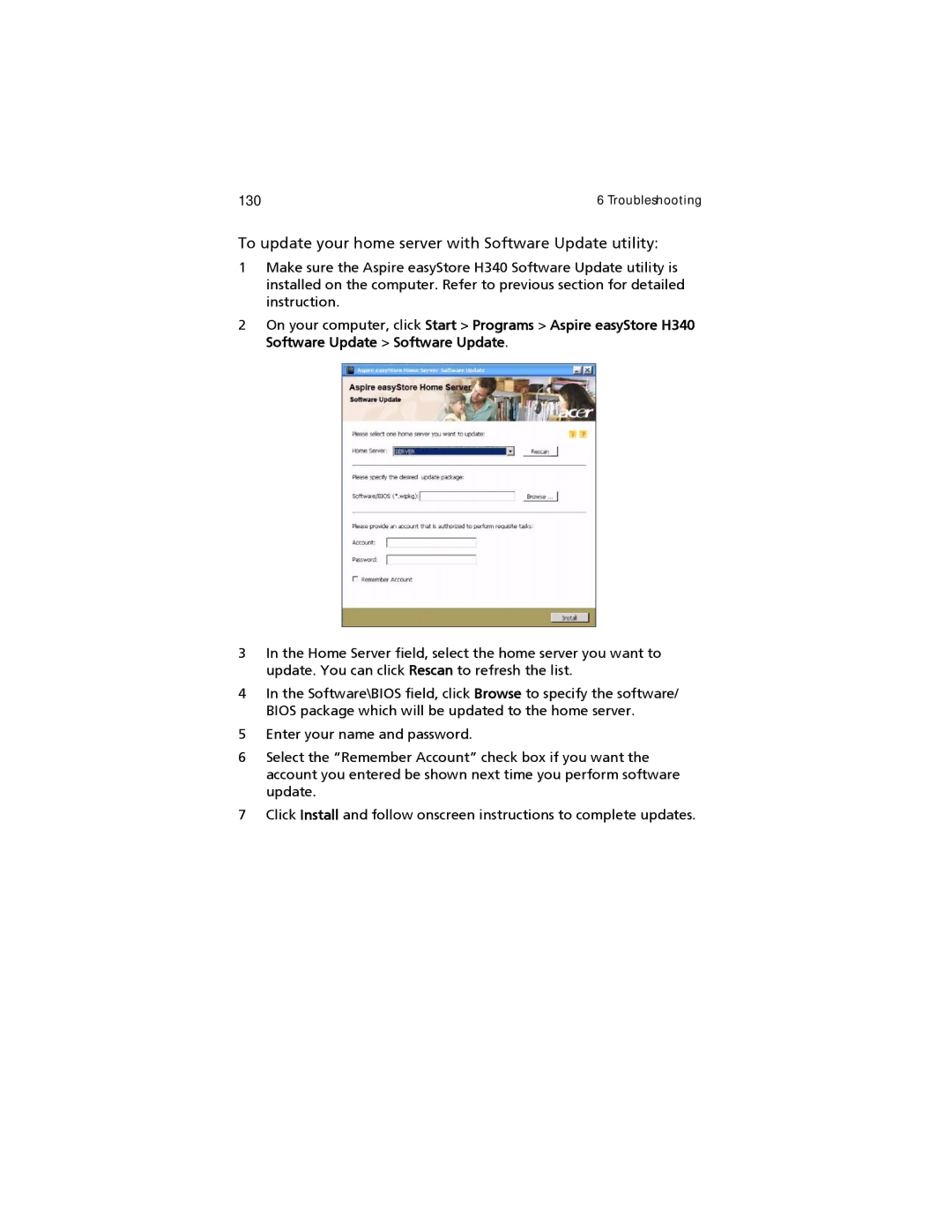 Acer easyStore H340 manual To update your home server with Software Update utility 