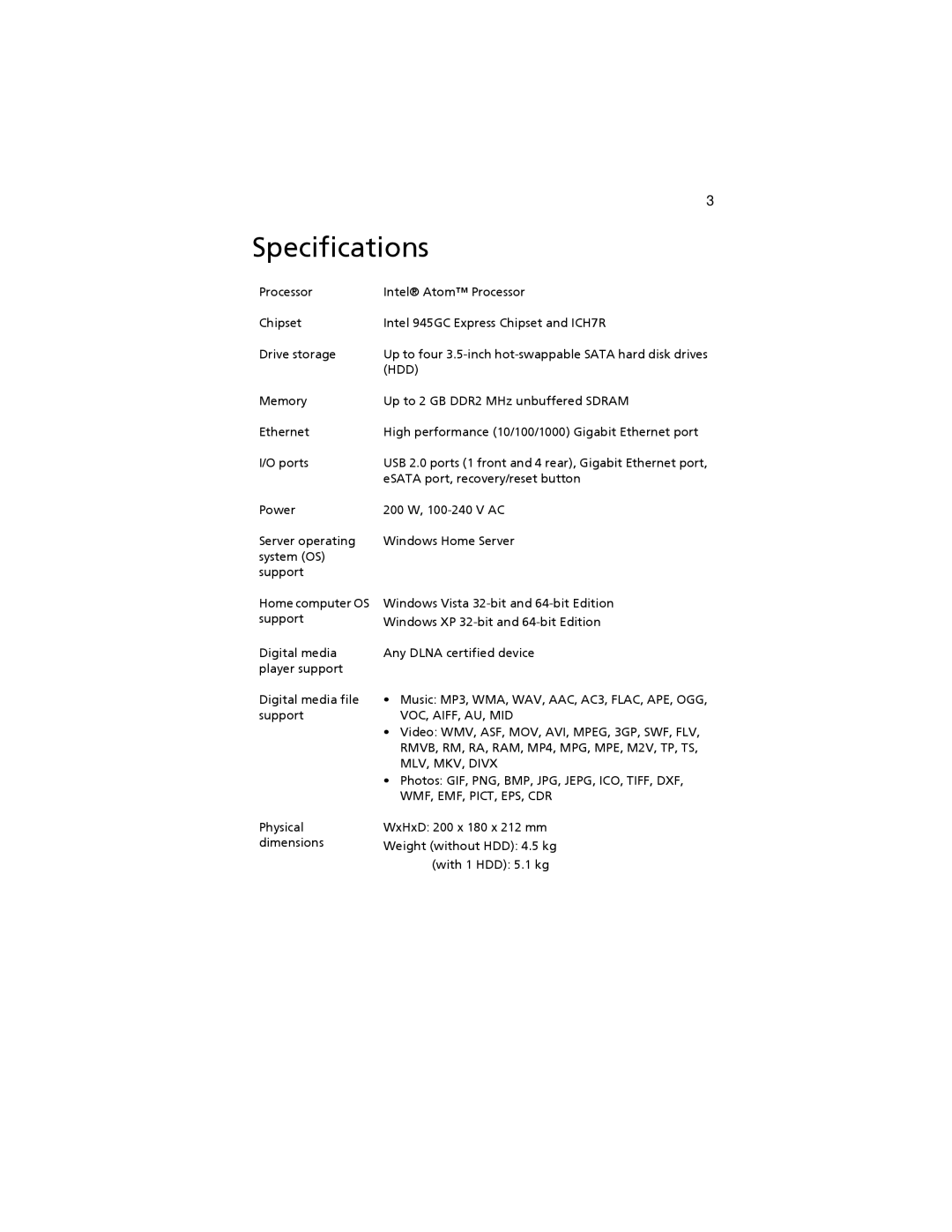 Acer easyStore H340 manual Specifications, Hdd 