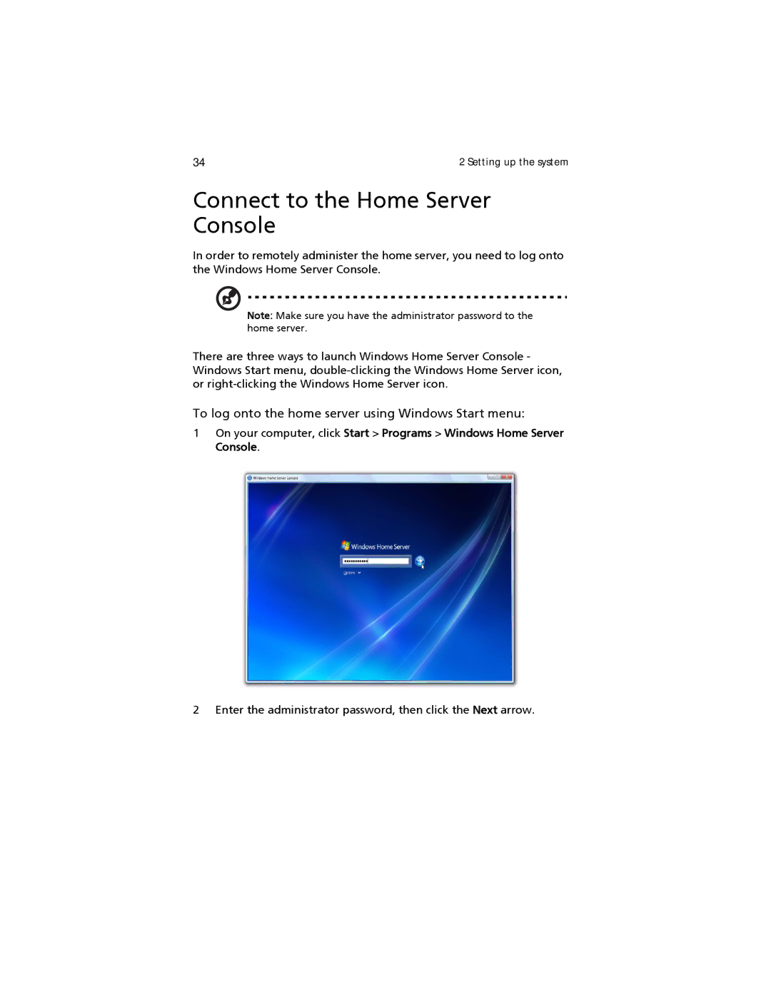 Acer easyStore H340 manual Connect to the Home Server Console, To log onto the home server using Windows Start menu 