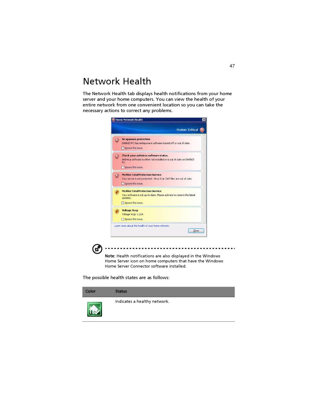 Acer easyStore H340 manual Network Health 