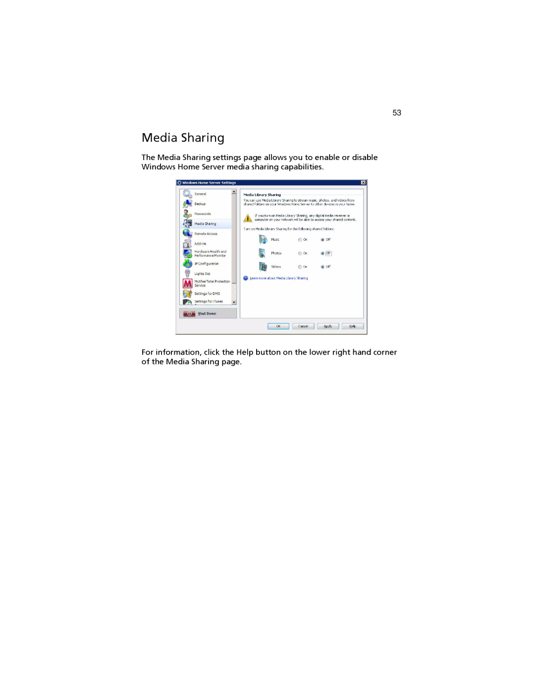 Acer easyStore H340 manual Media Sharing 