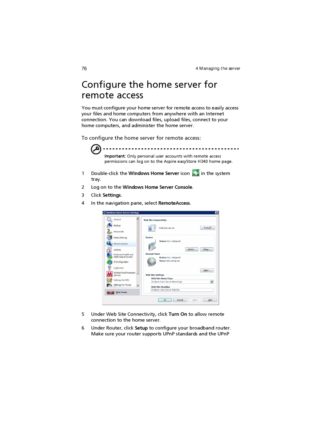 Acer easyStore H340 manual Configure the home server for remote access, To configure the home server for remote access 