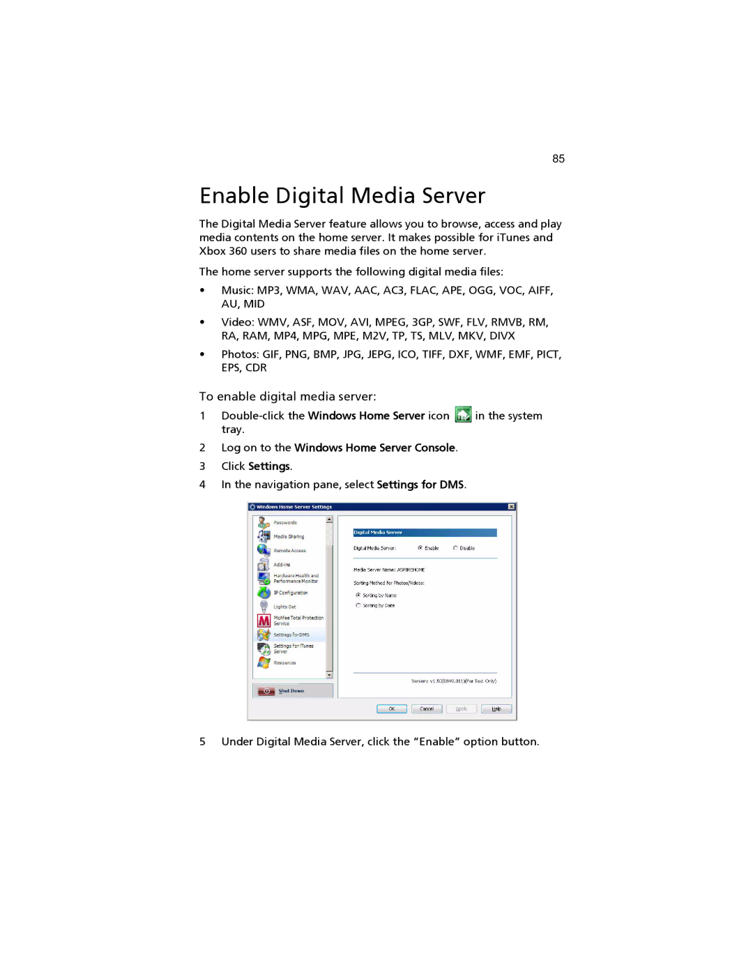 Acer easyStore H340 manual Enable Digital Media Server, To enable digital media server 