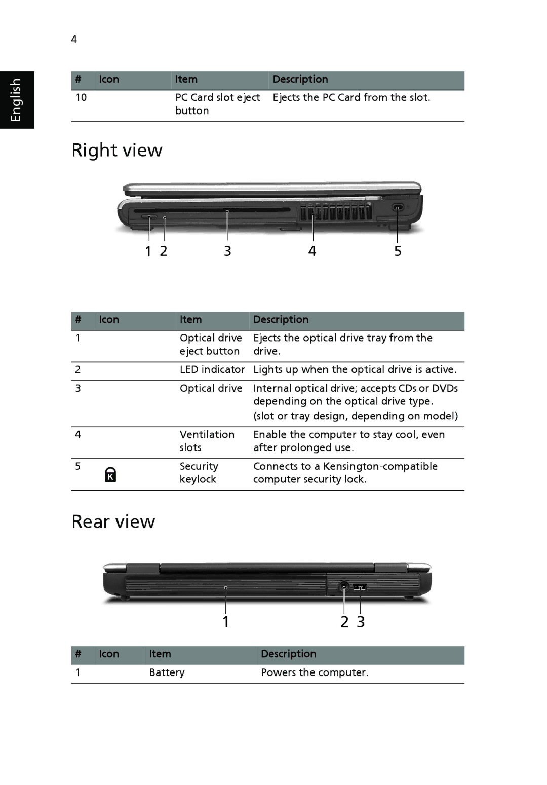 Acer EFL50 manual Right view, Rear view, # Icon Description, Icon Description Battery Powers the computer 