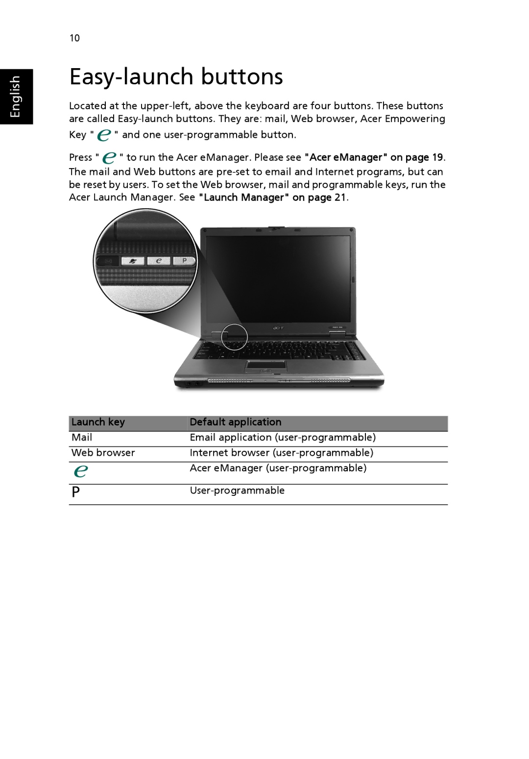 Acer EFL50 manual Easy-launch buttons, Launch key Default application 