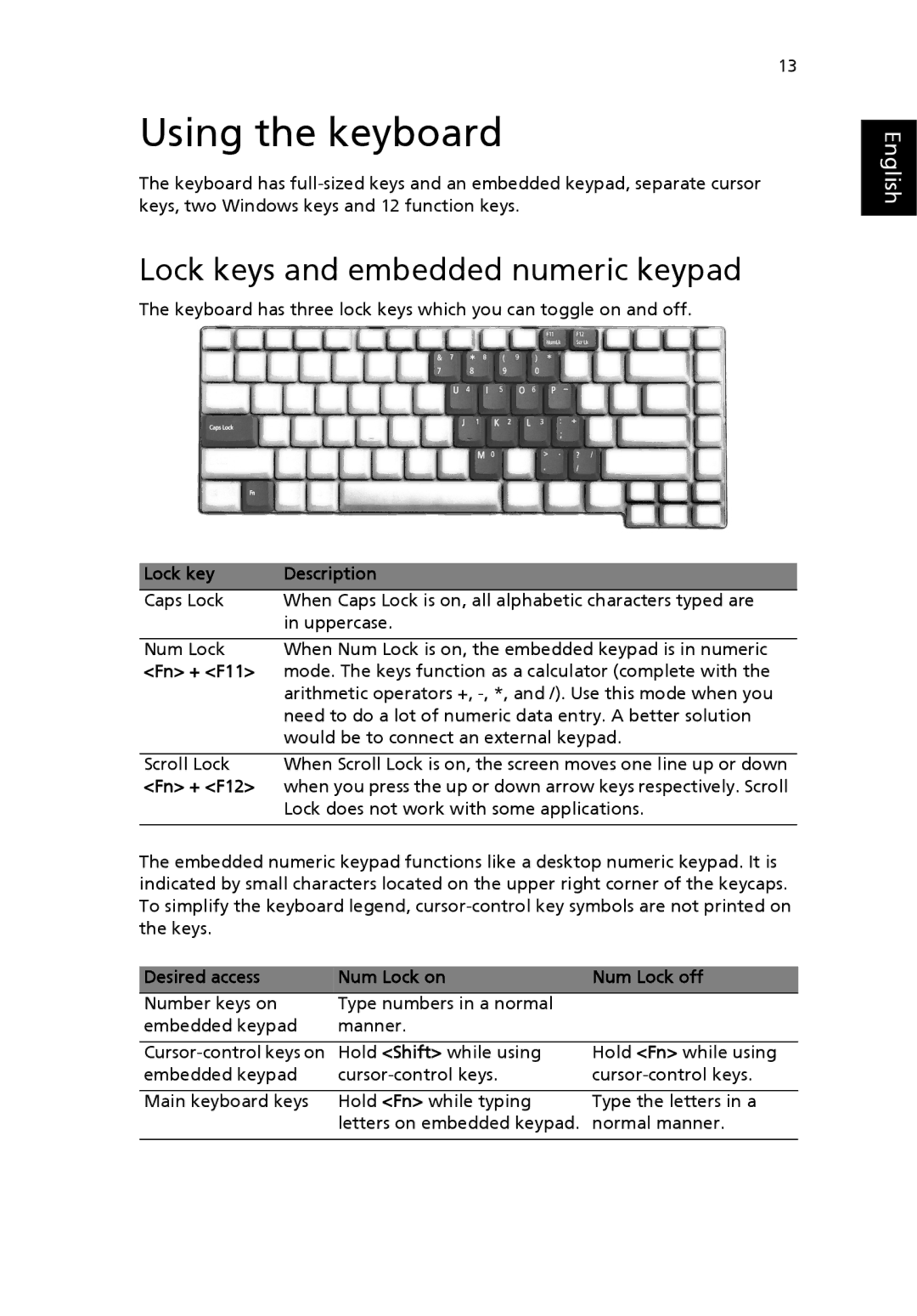 Acer EFL50 manual Using the keyboard, Lock keys and embedded numeric keypad 